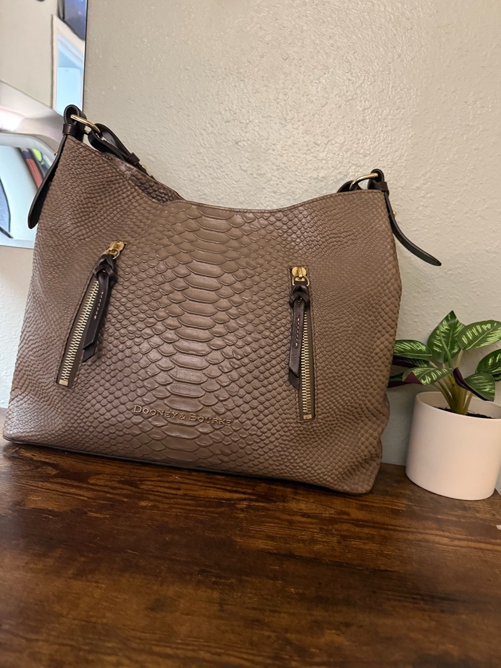 Dooney & Bourke Caldwell Cooper Taupe Python Embossed Leather Hobo Bag
